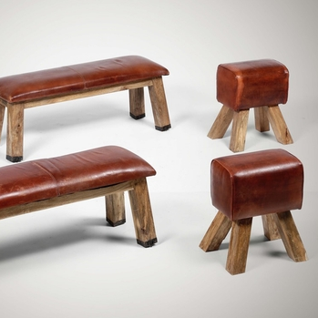 Two benches and two poufs with wooden structure and leather upholstery
