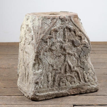 Reclaimed salvaged old carved stone pillar base from India
