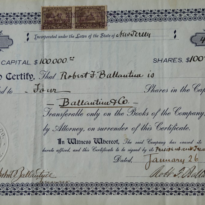 The first ever issued share certificate of Ballantine & Co