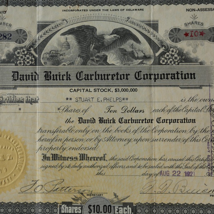 An original David Buick Carburetor Corporation Stock Certifica