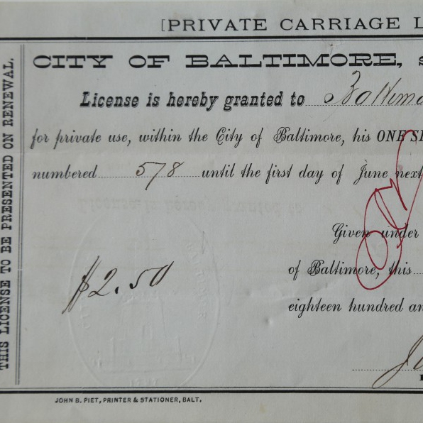 An original Certificate for a Private Carriage License from the City of Baltimore