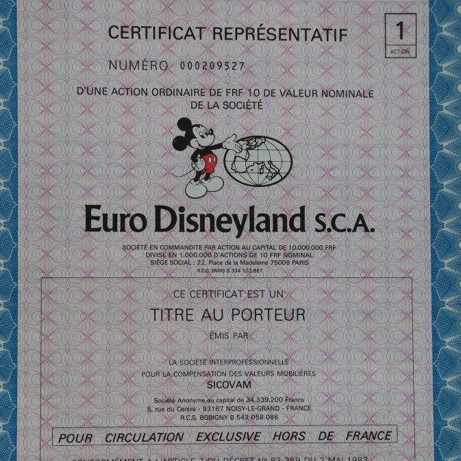 An original Euro Disneyland Certificate (Now Disneyland Paris)