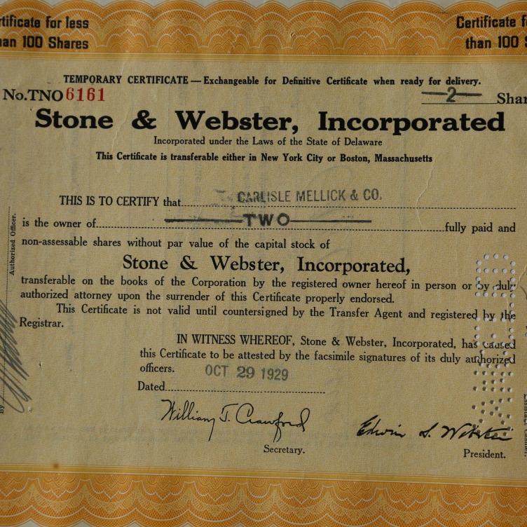 An original Stone & Webster Stock Certificate