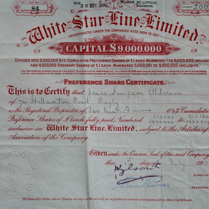 An original White Star Line, Limited stock certificate