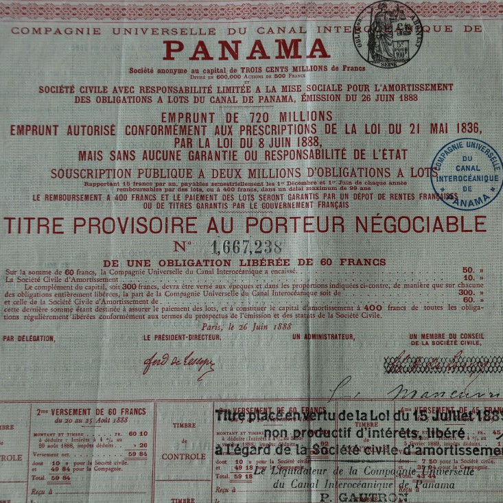 An original Canal Interoceanique de Panama Company Stock Certificate