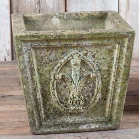 Pair square composition planters with Prince of Wales feathers emblems in cartouches on each of the recessed sides